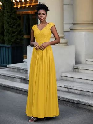 Lace and Chiffon Maxi Dress with Cap Sleeves-Marigold Plus Size