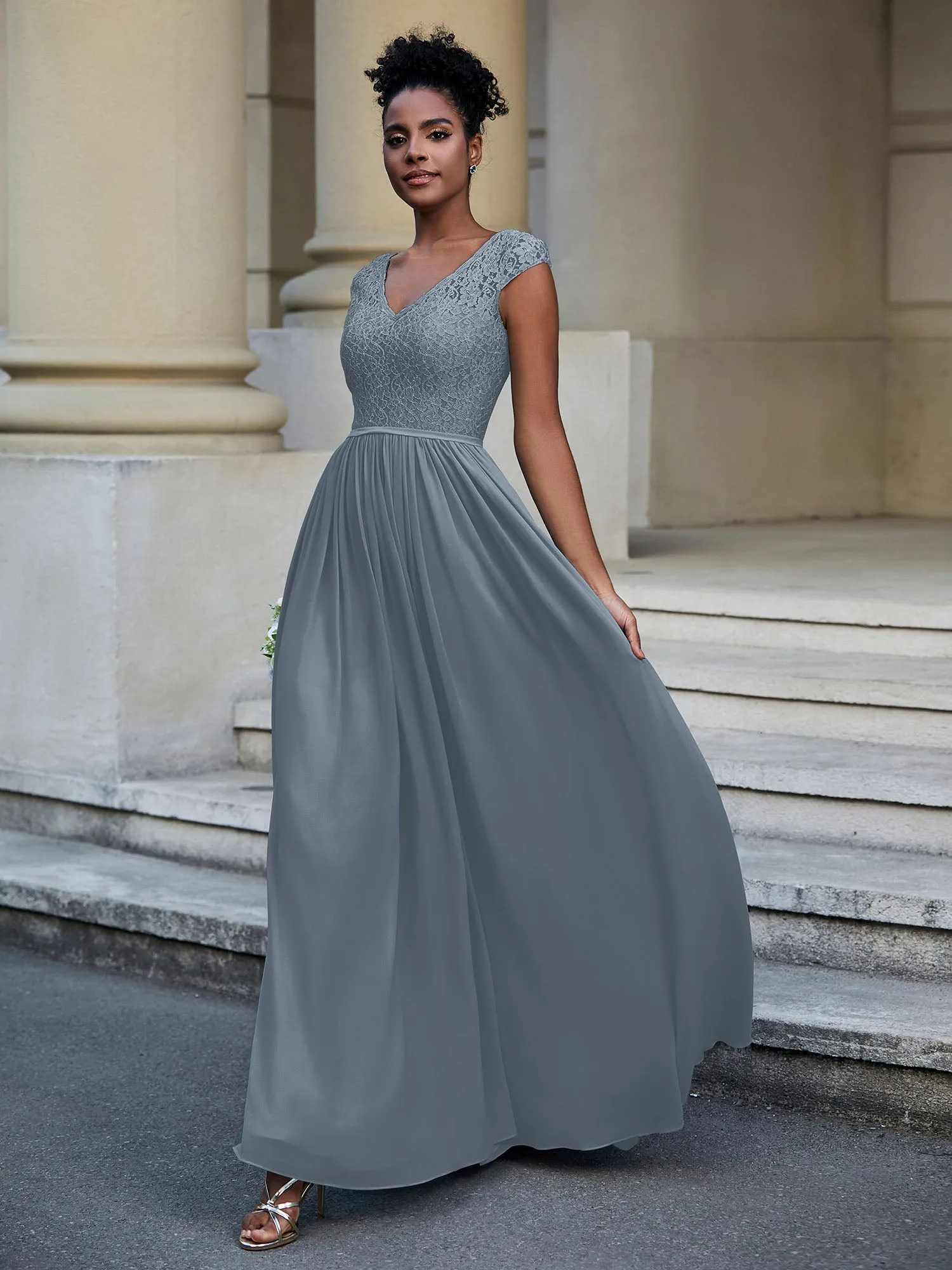 Lace and Chiffon Maxi Dress with Cap Sleeves-Slate Blue