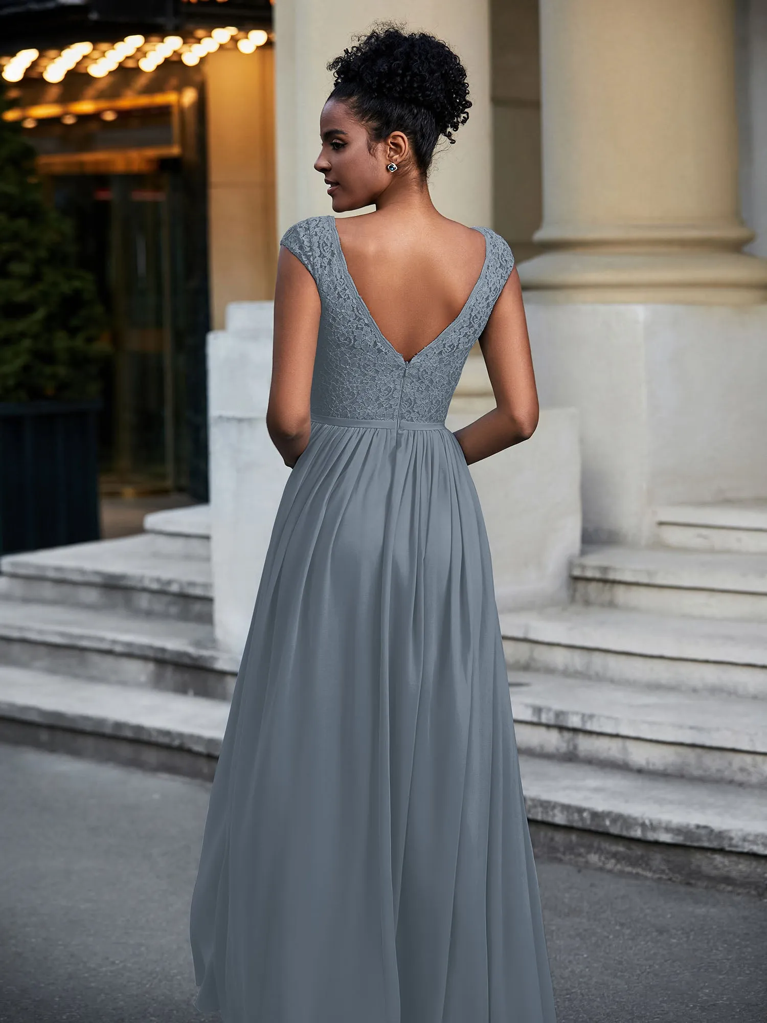 Lace and Chiffon Maxi Dress with Cap Sleeves-Slate Blue