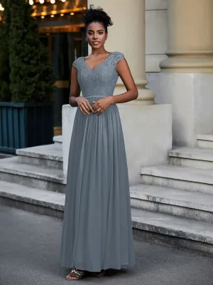 Lace and Chiffon Maxi Dress with Cap Sleeves-Slate Blue