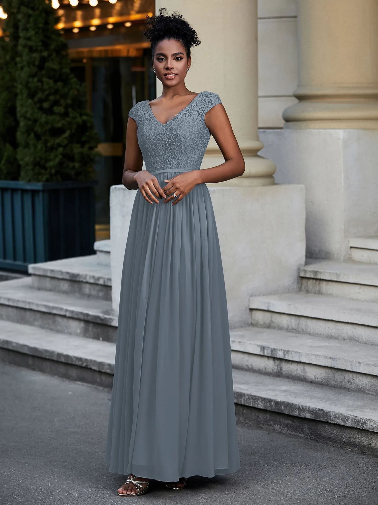 Lace and Chiffon Maxi Dress with Cap Sleeves-Slate Blue