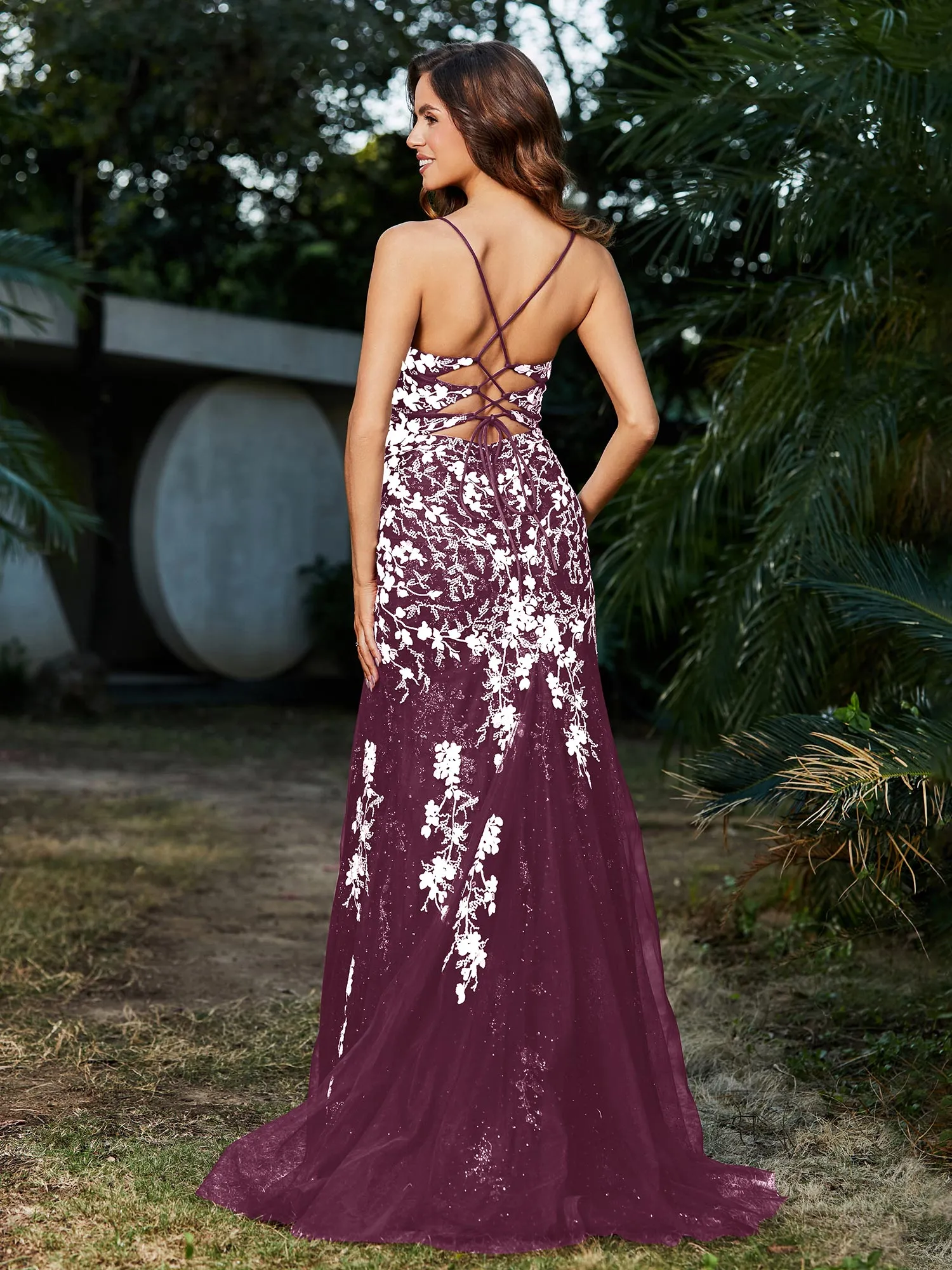 Lace Applique High Slit Fitted Tulle Dress Mulberry