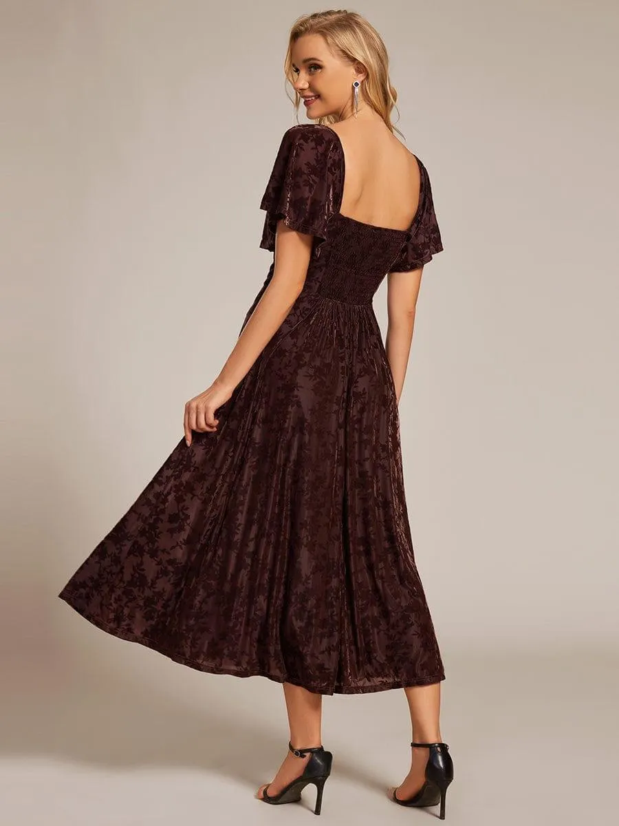 Lola | Elegant Stretchy Short Sleeve Tea Length Velvet Wedding Guest Dress