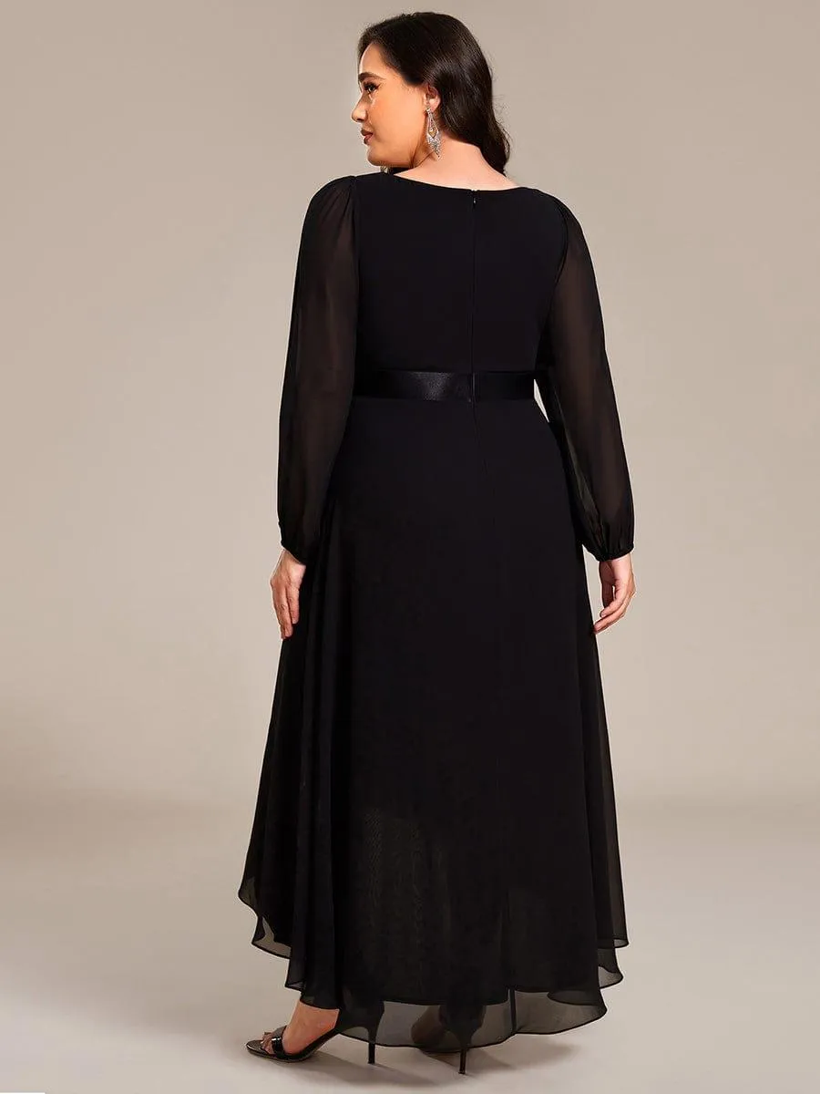 Long Sleeve A Line Chiffon Pleated Asymmetrical Hem Formal Dress
