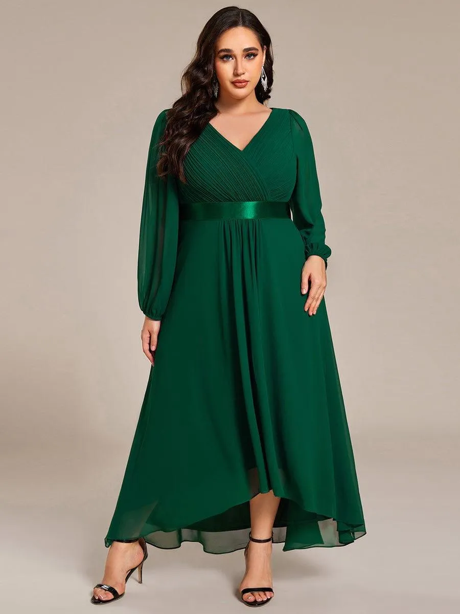 Long Sleeve A Line Chiffon Pleated Asymmetrical Hem Formal Dress