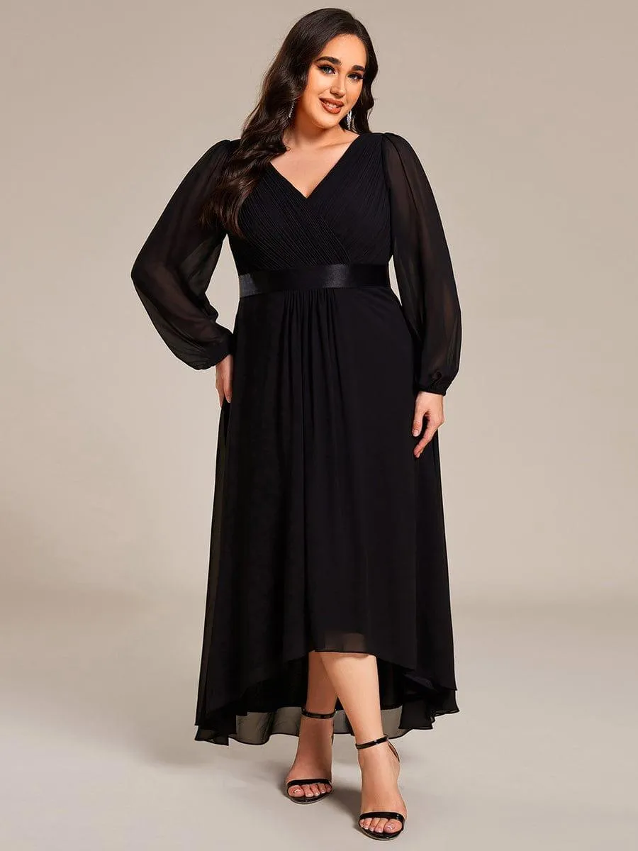 Long Sleeve A Line Chiffon Pleated Asymmetrical Hem Formal Dress