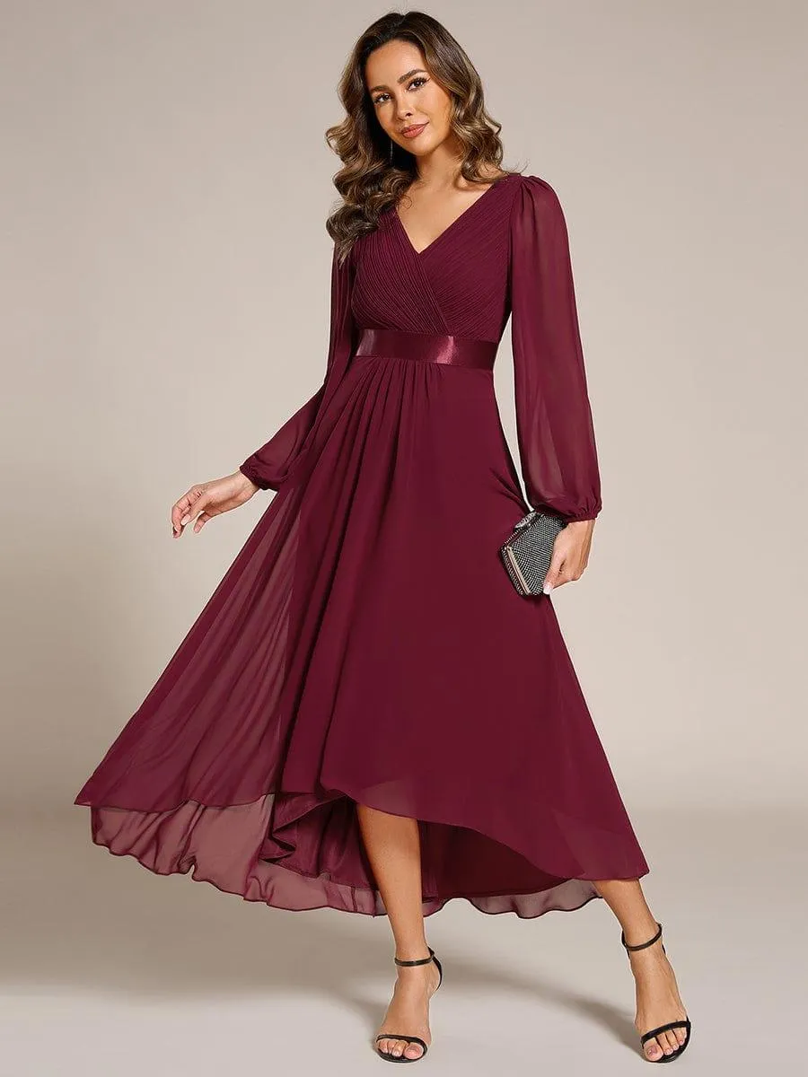 Long Sleeve A Line Chiffon Pleated Asymmetrical Hem Formal Dress