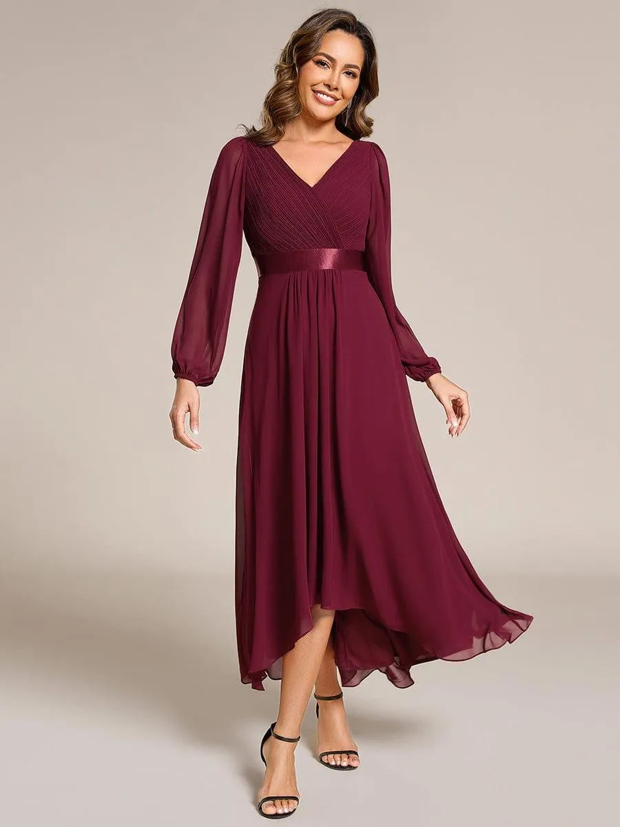 Long Sleeve A Line Chiffon Pleated Asymmetrical Hem Formal Dress