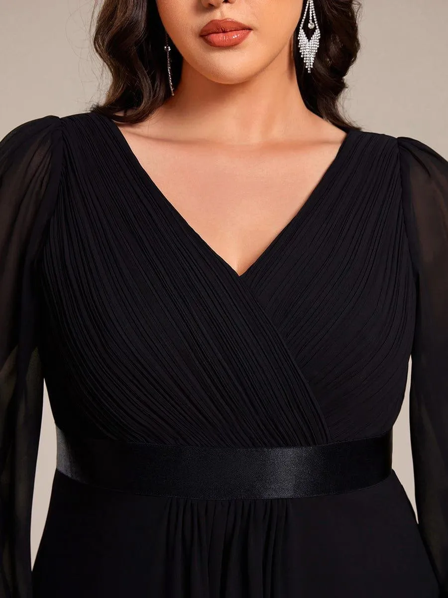 Long Sleeve A Line Chiffon Pleated Asymmetrical Hem Formal Dress