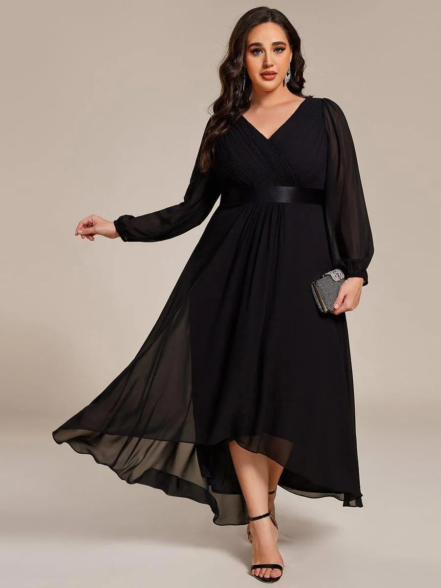 Long Sleeve A Line Chiffon Pleated Asymmetrical Hem Formal Dress