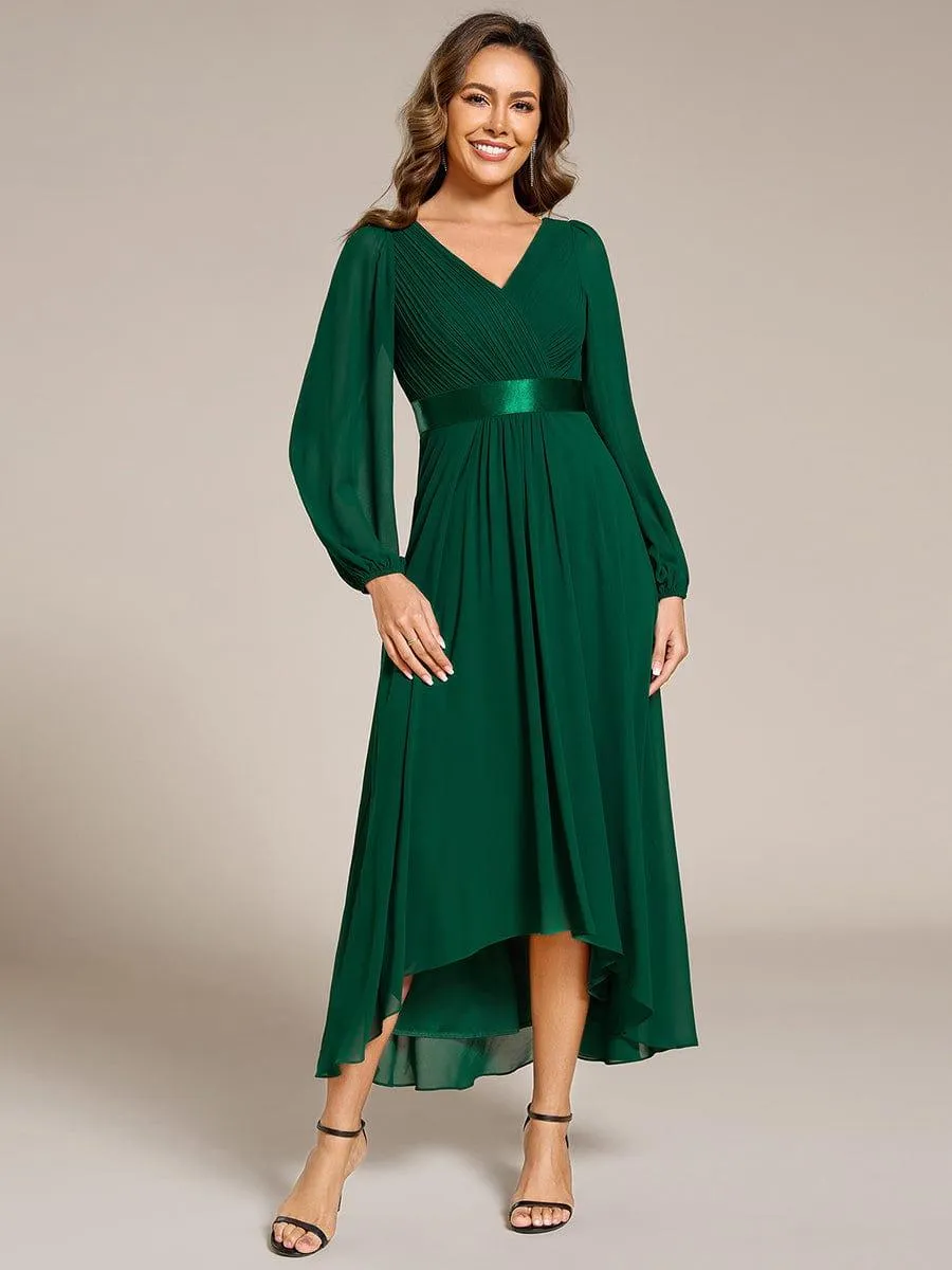 Long Sleeve A Line Chiffon Pleated Asymmetrical Hem Formal Dress
