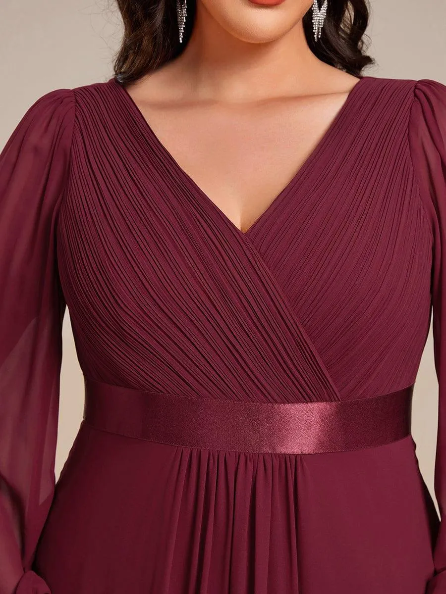 Long Sleeve A Line Chiffon Pleated Asymmetrical Hem Formal Dress