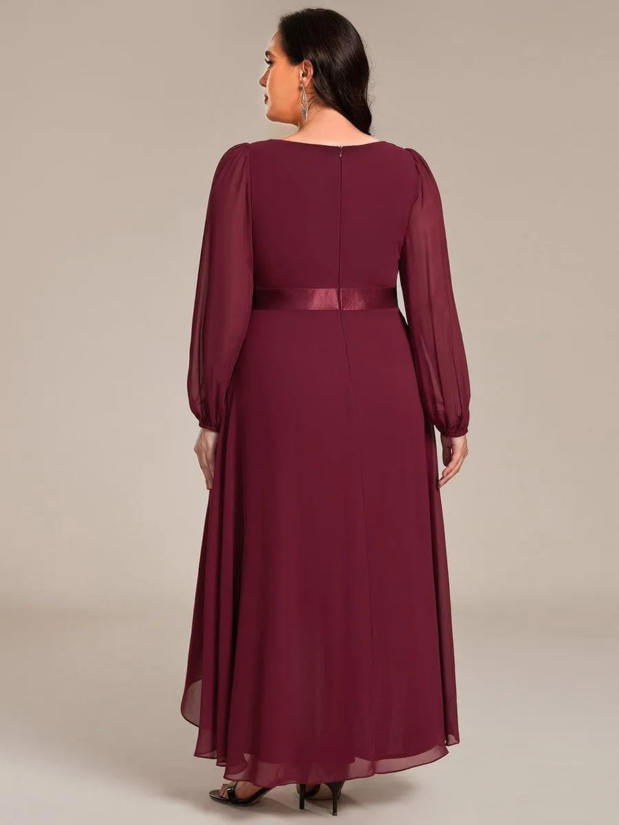Long Sleeve A Line Chiffon Pleated Asymmetrical Hem Formal Dress