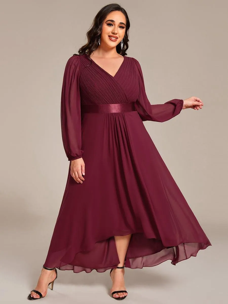 Long Sleeve A Line Chiffon Pleated Asymmetrical Hem Formal Dress