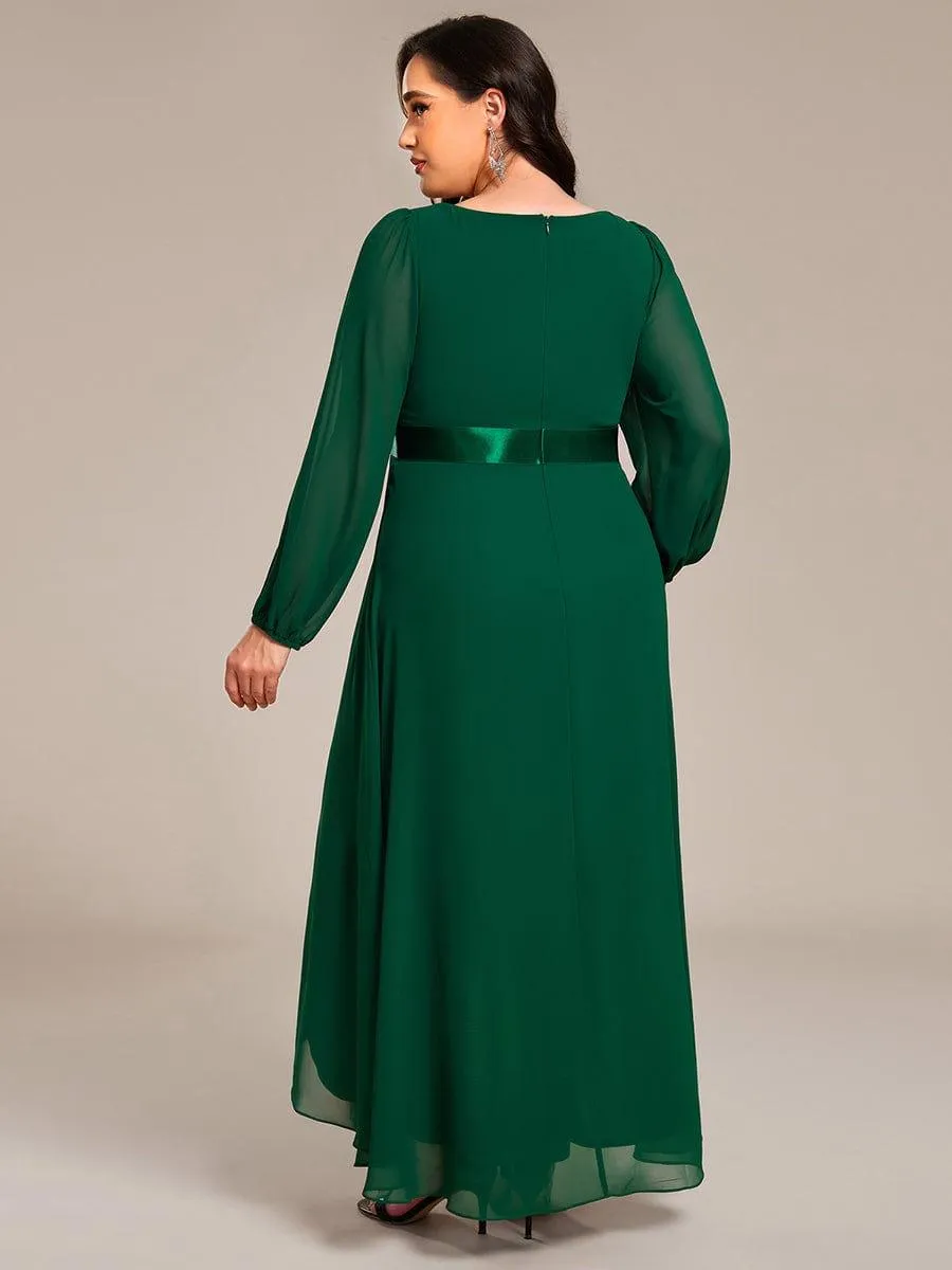 Long Sleeve A Line Chiffon Pleated Asymmetrical Hem Formal Dress