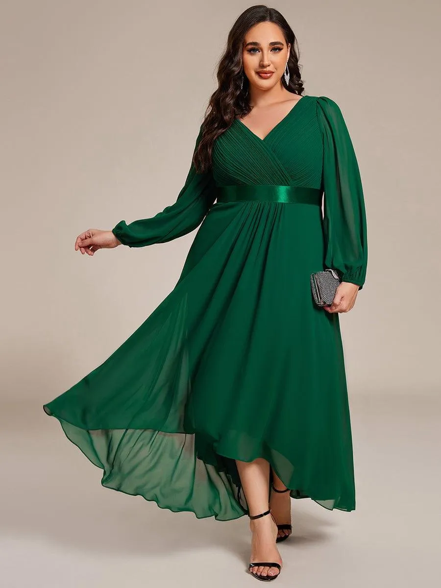 Long Sleeve A Line Chiffon Pleated Asymmetrical Hem Formal Dress