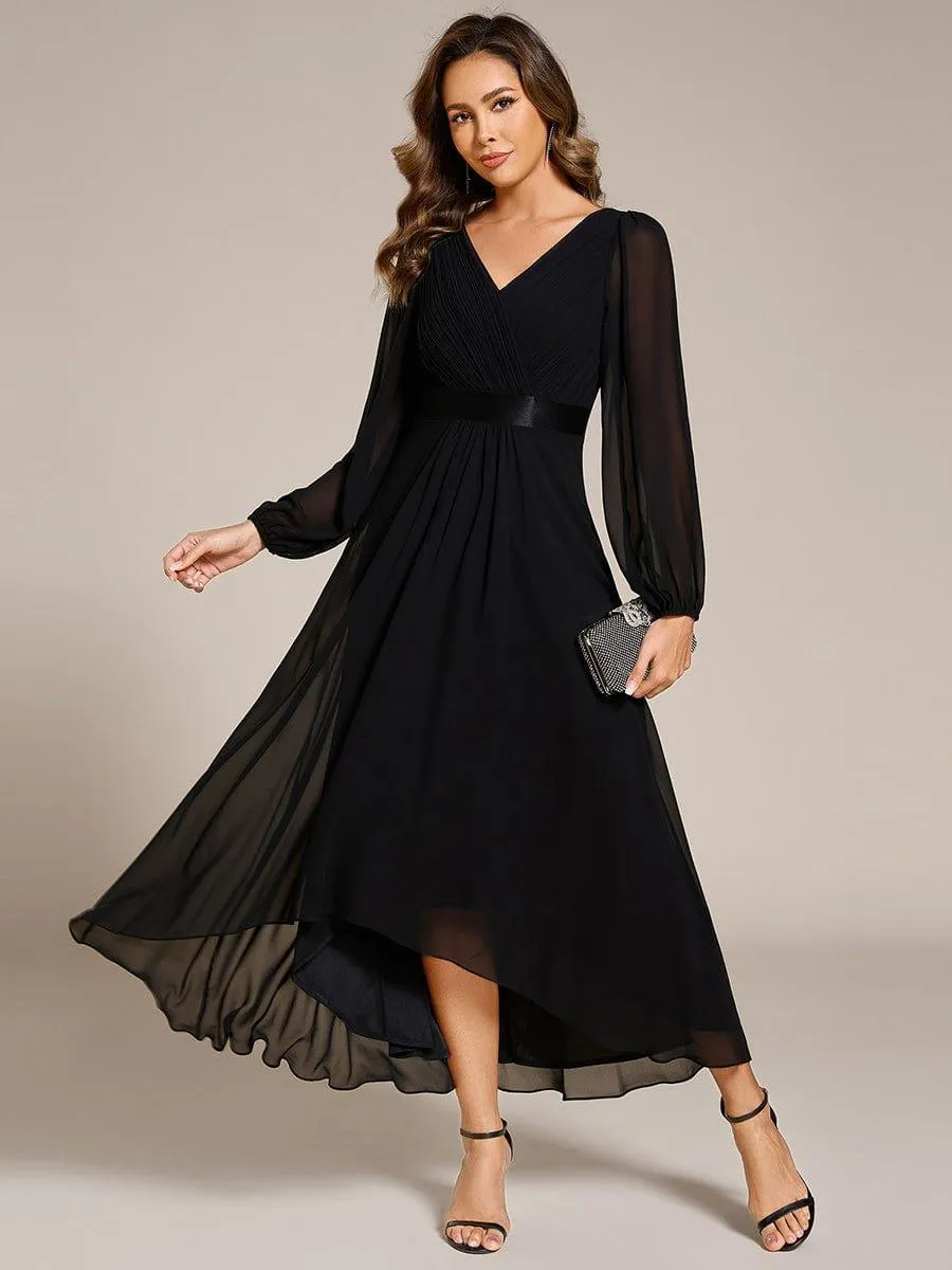 Long Sleeve A Line Chiffon Pleated Asymmetrical Hem Formal Dress