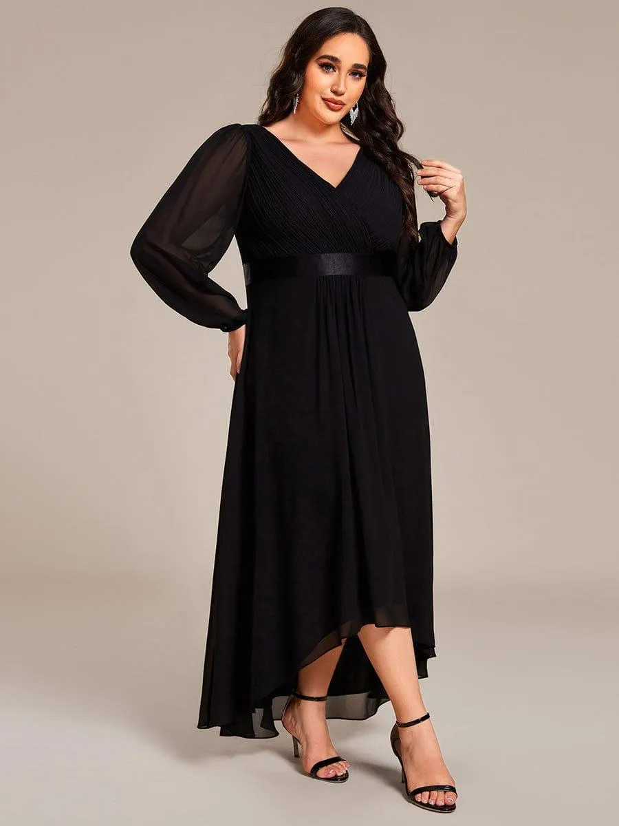 Long Sleeve A Line Chiffon Pleated Asymmetrical Hem Formal Dress