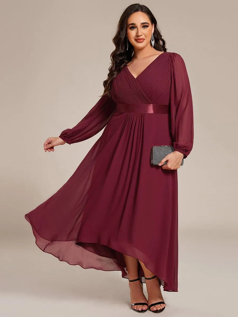 Long Sleeve A Line Chiffon Pleated Asymmetrical Hem Formal Dress