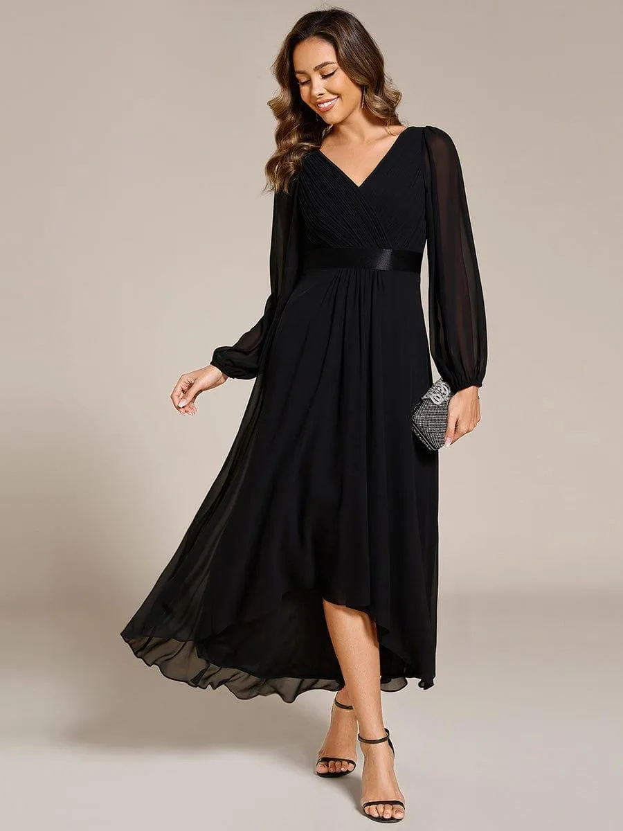 Long Sleeve A Line Chiffon Pleated Asymmetrical Hem Formal Dress