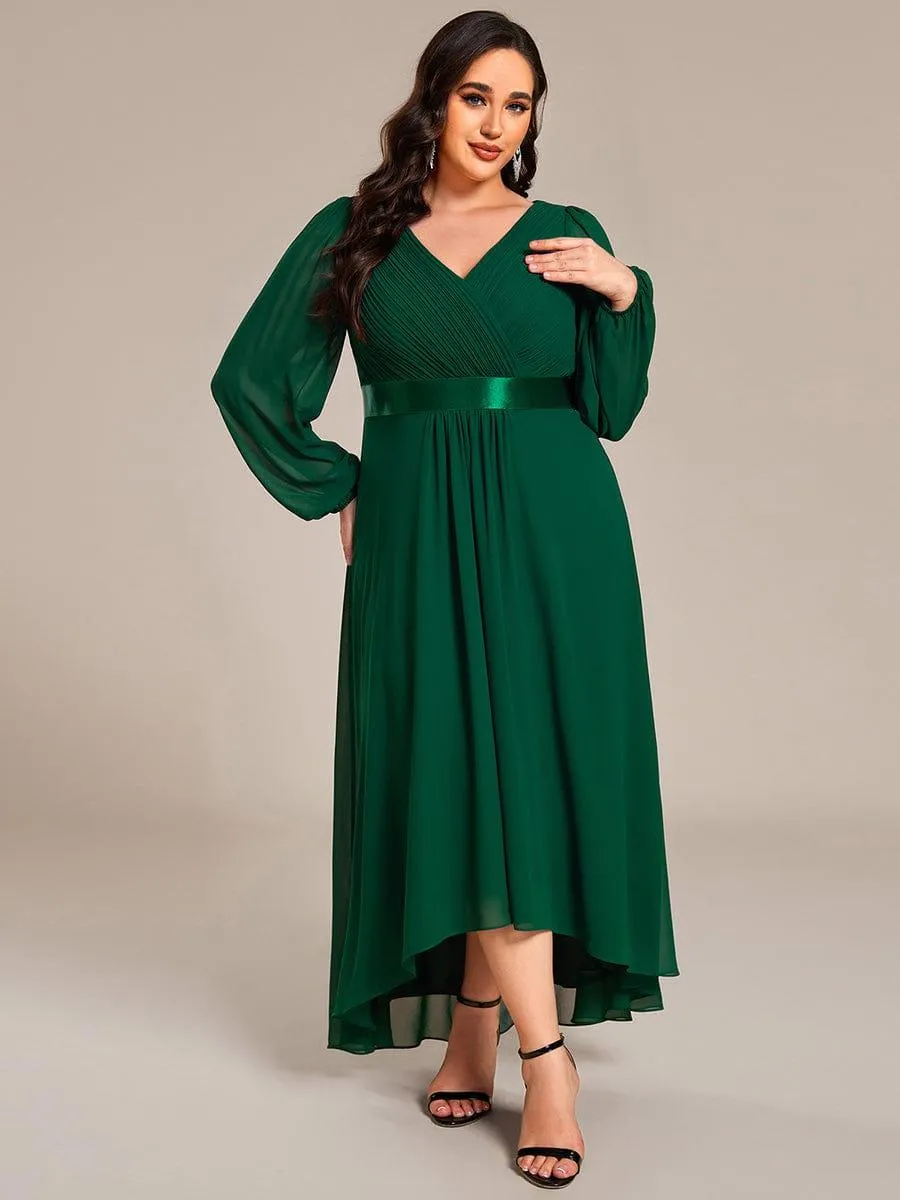 Long Sleeve A Line Chiffon Pleated Asymmetrical Hem Formal Dress