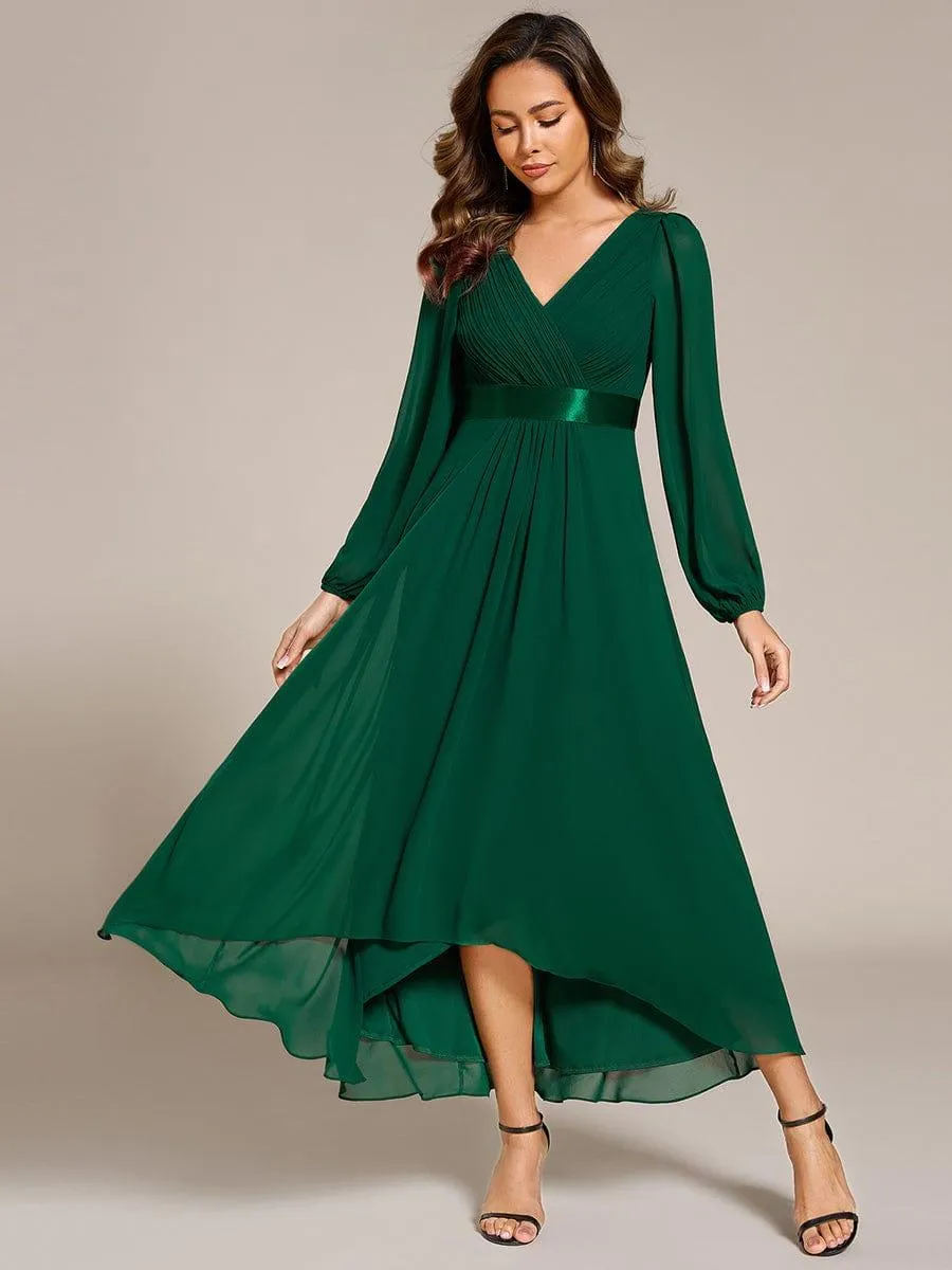 Long Sleeve A Line Chiffon Pleated Asymmetrical Hem Formal Dress