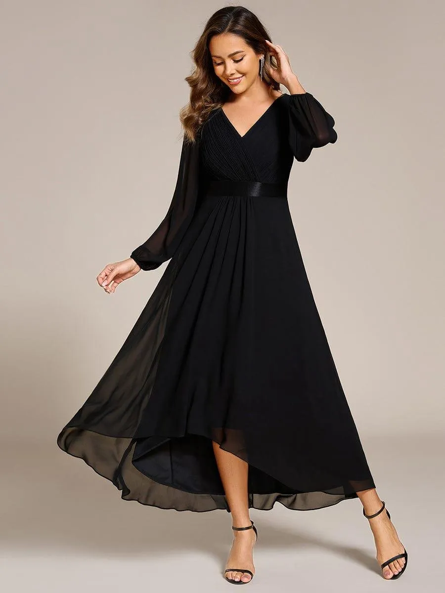 Long Sleeve A Line Chiffon Pleated Asymmetrical Hem Formal Dress