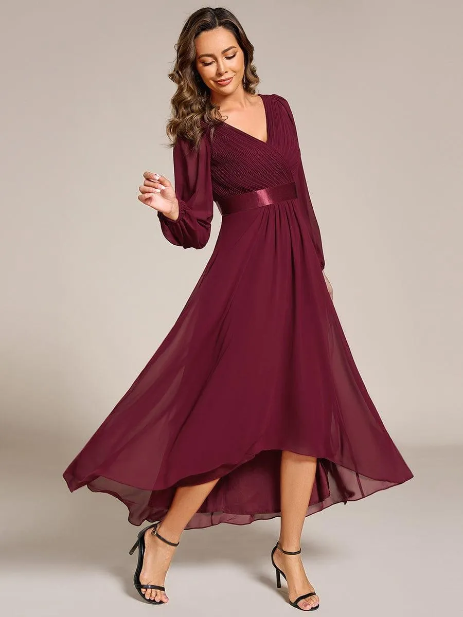 Long Sleeve A Line Chiffon Pleated Asymmetrical Hem Formal Dress
