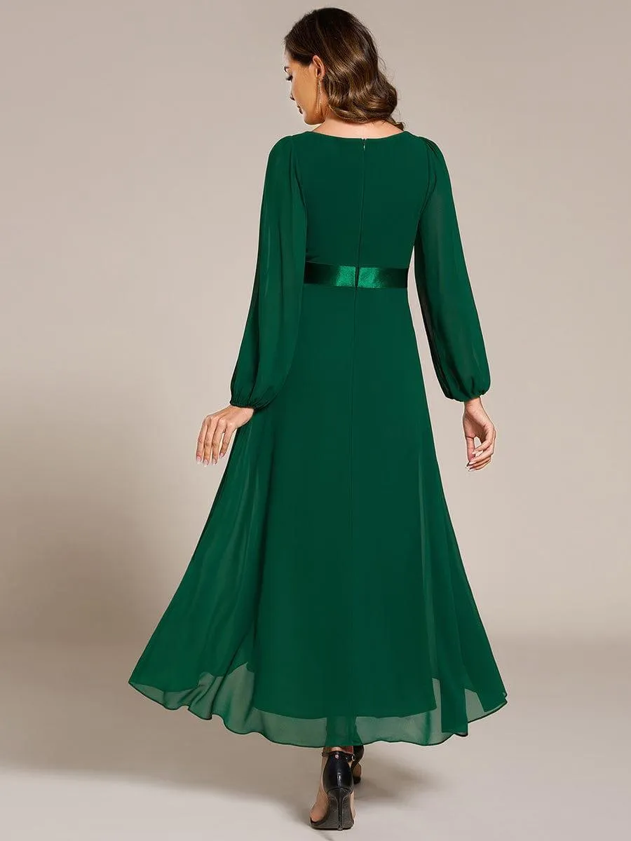 Long Sleeve A Line Chiffon Pleated Asymmetrical Hem Formal Dress