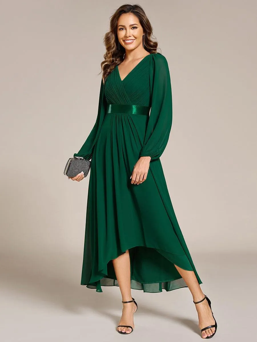 Long Sleeve A Line Chiffon Pleated Asymmetrical Hem Formal Dress