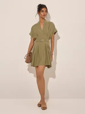LOV Olive Solid A-Line Dress with Belt