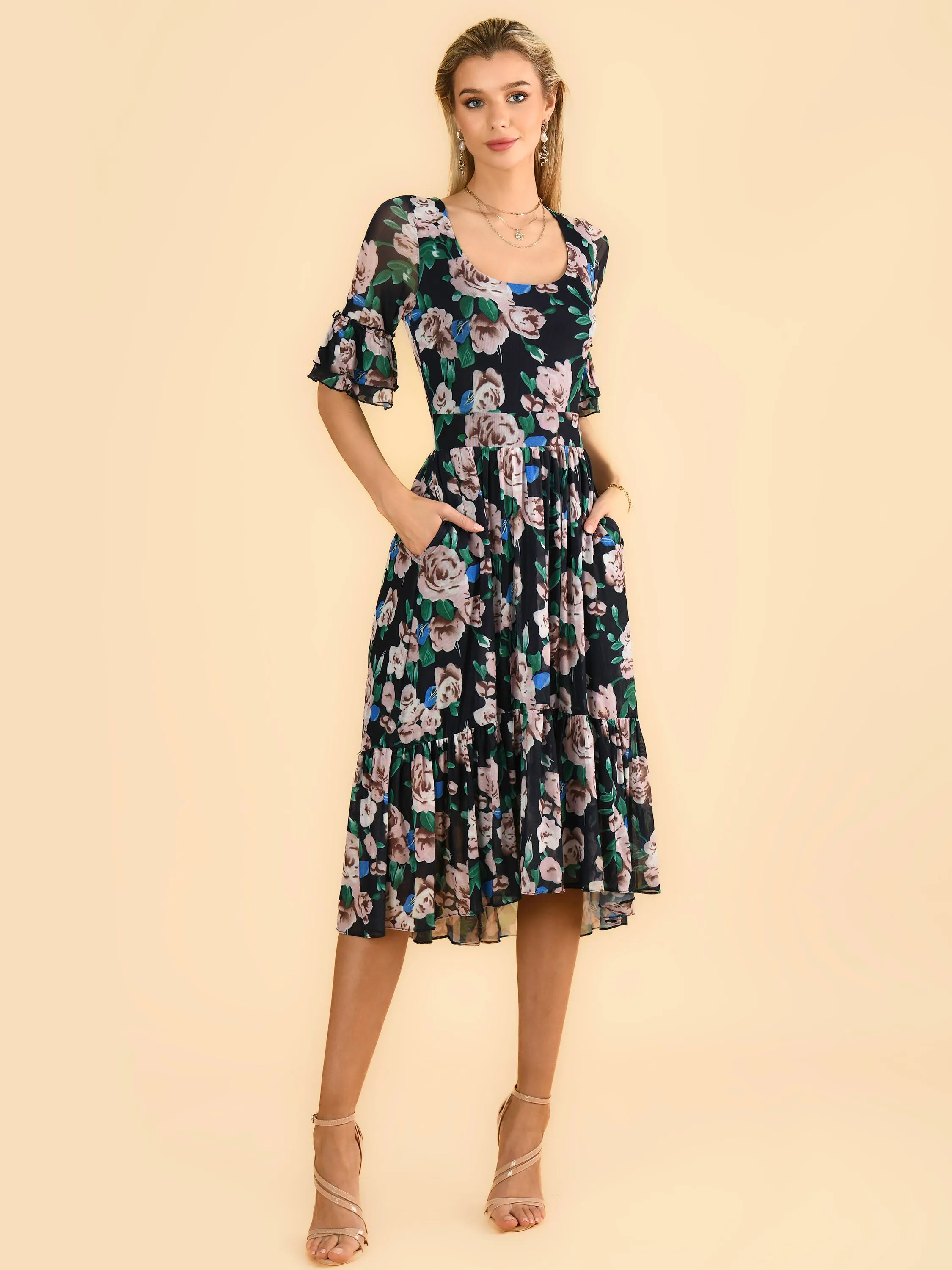 Maab Mesh Ruffle Sleeve Midi Dress, Navy Floral