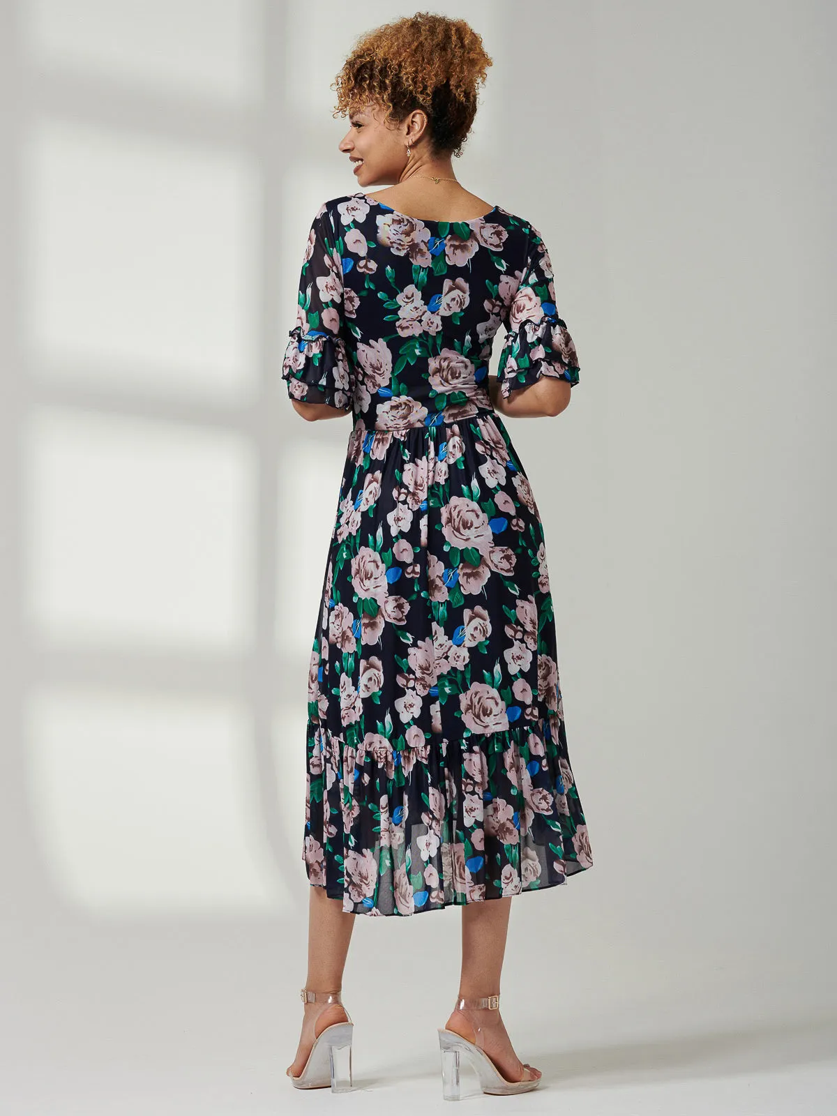 Maab Mesh Ruffle Sleeve Midi Dress, Navy Floral