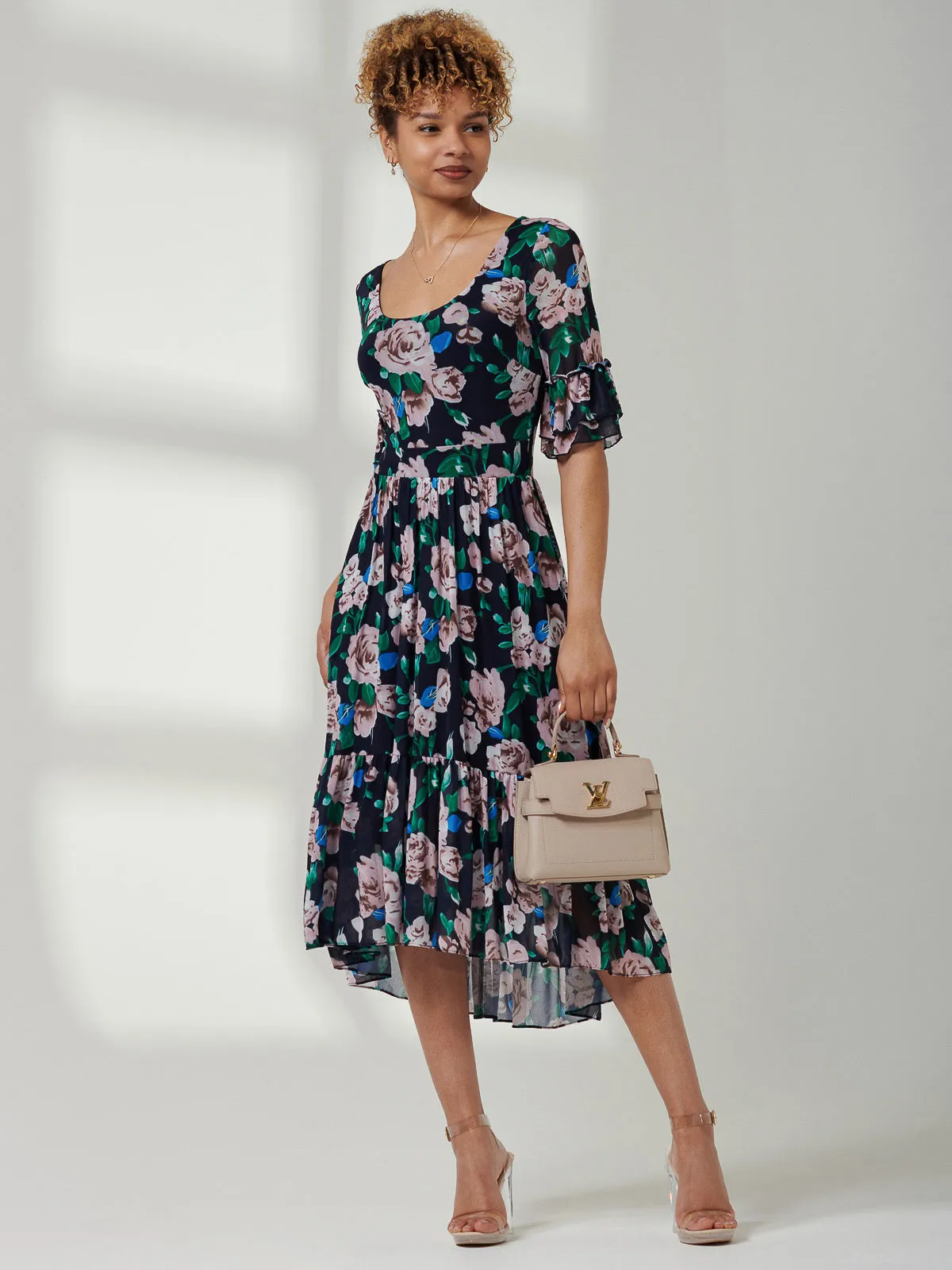 Maab Mesh Ruffle Sleeve Midi Dress, Navy Floral