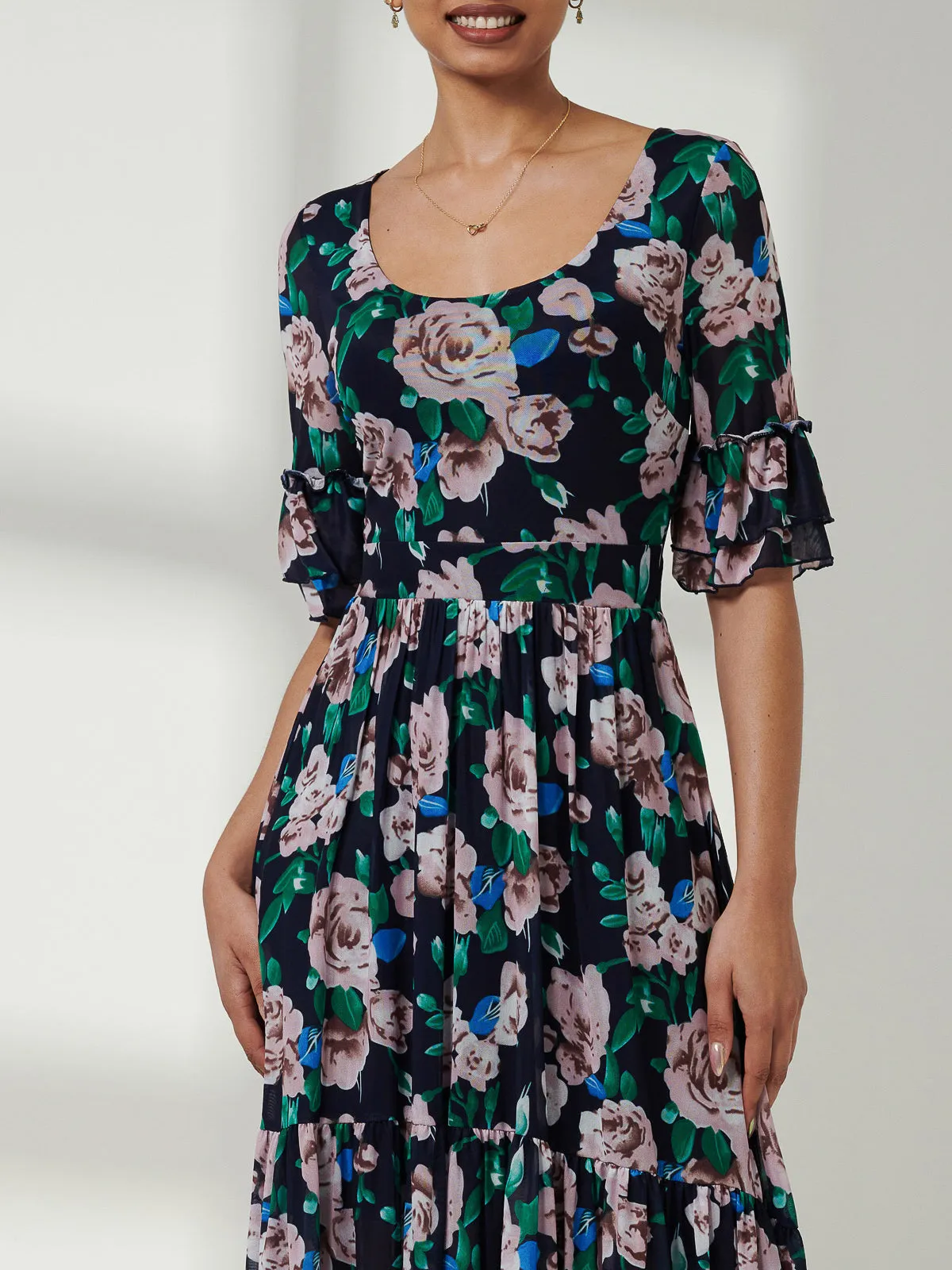 Maab Mesh Ruffle Sleeve Midi Dress, Navy Floral