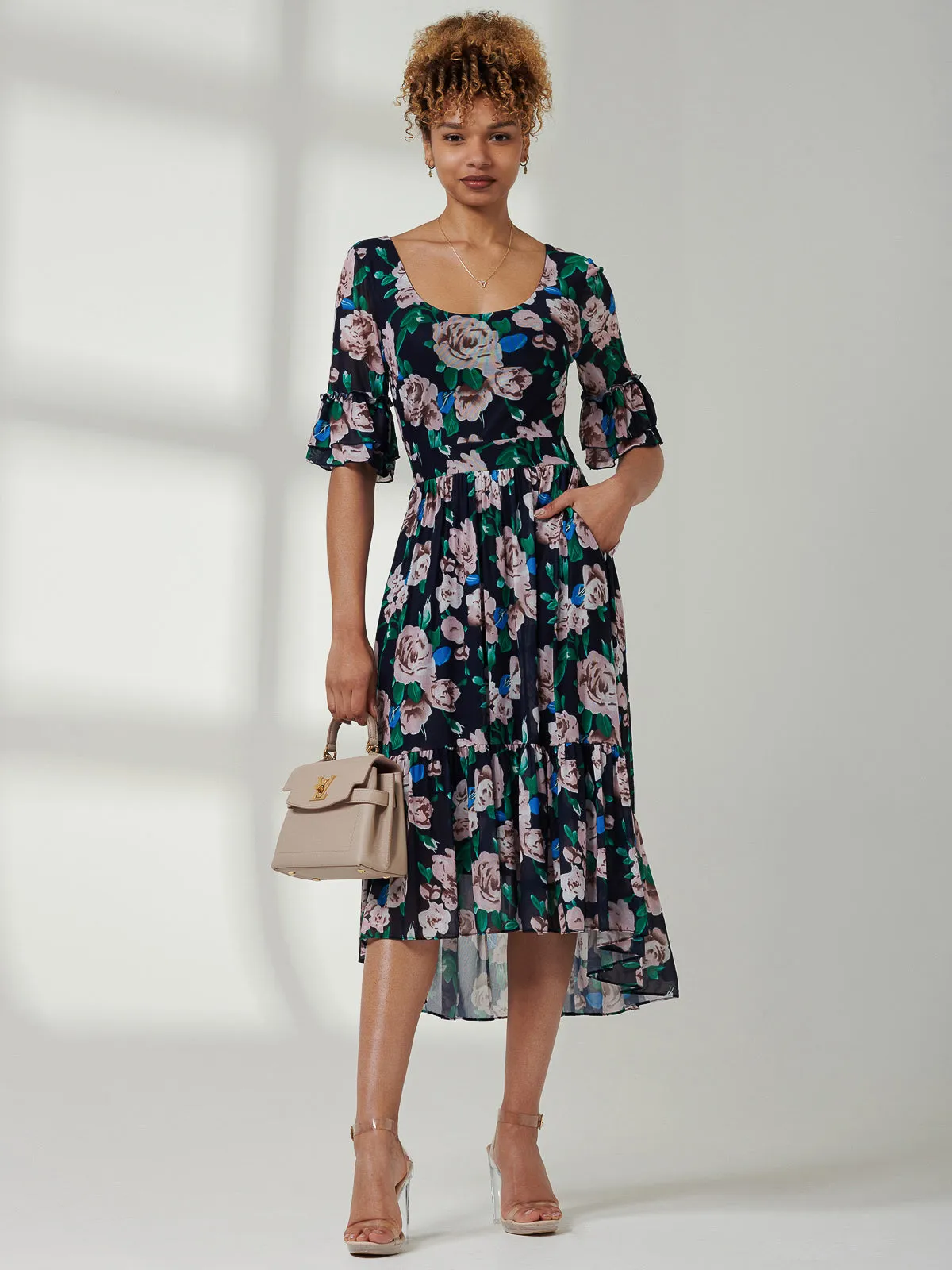 Maab Mesh Ruffle Sleeve Midi Dress, Navy Floral