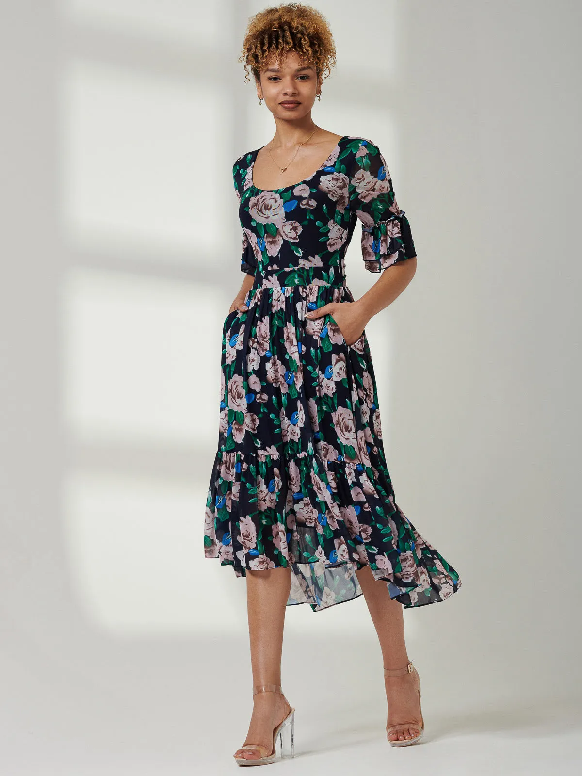 Maab Mesh Ruffle Sleeve Midi Dress, Navy Floral