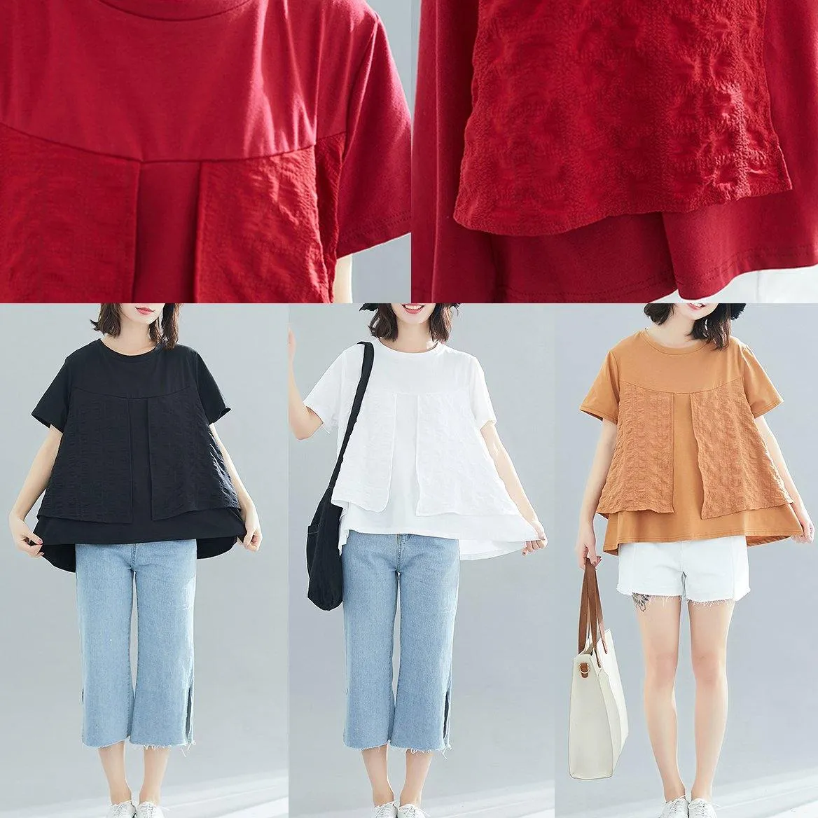Modern o neck patchwork cotton clothes For Women Vintage design black loose blouses Summer