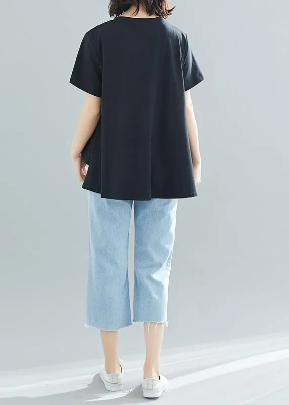 Modern o neck patchwork cotton clothes For Women Vintage design black loose blouses Summer