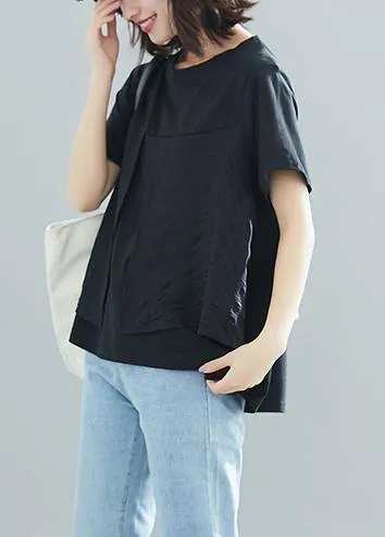 Modern o neck patchwork cotton clothes For Women Vintage design black loose blouses Summer