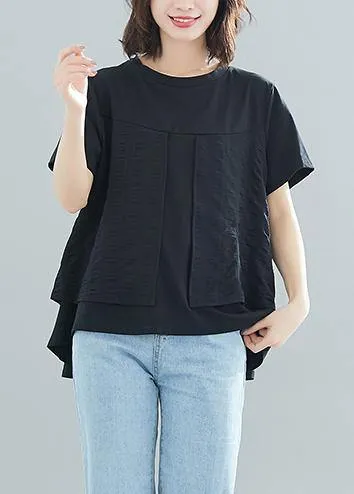 Modern o neck patchwork cotton clothes For Women Vintage design black loose blouses Summer