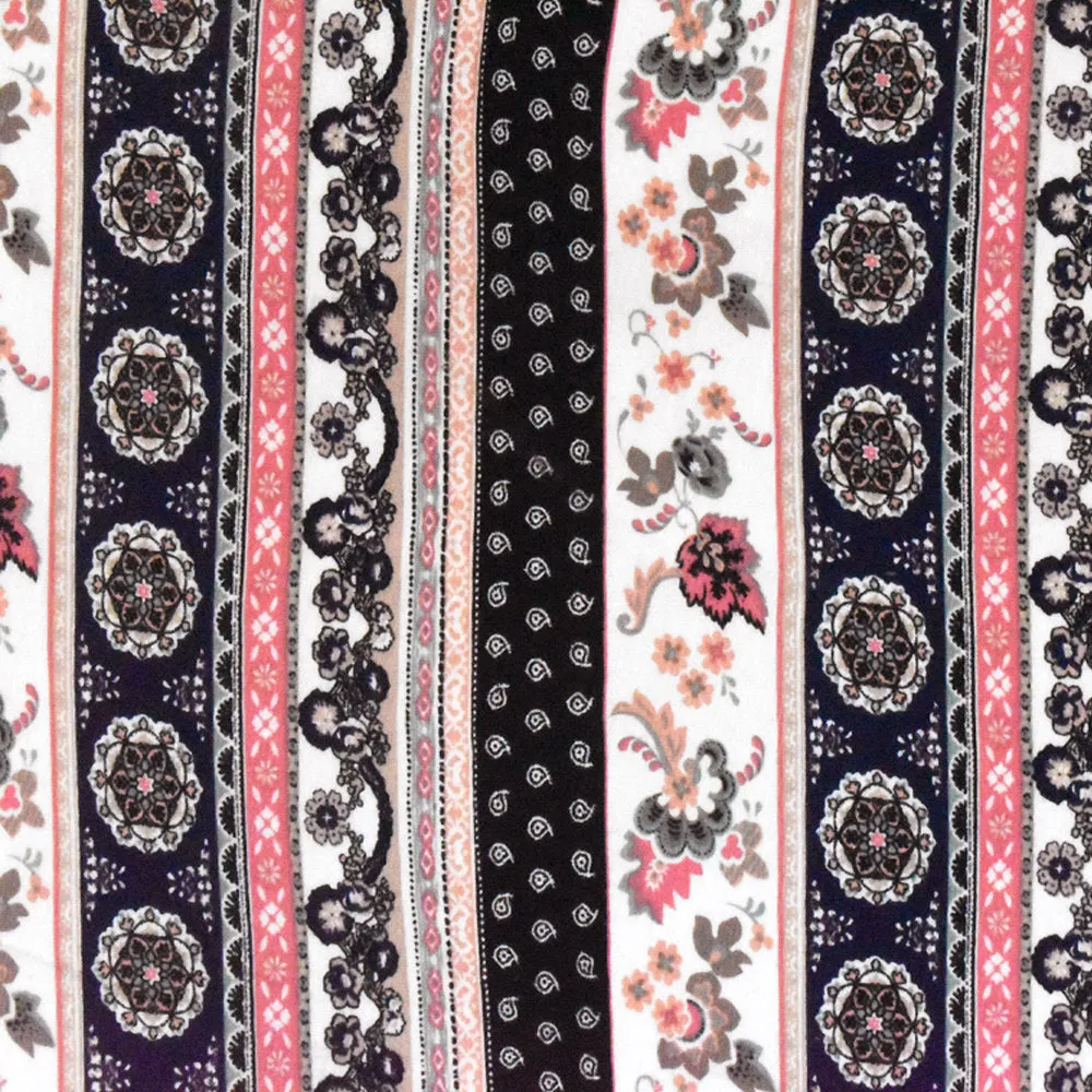 Navy Blue-Ivory-Multi Mix Pattern Printed Rayon Stretch Jersey Knit Fabric
