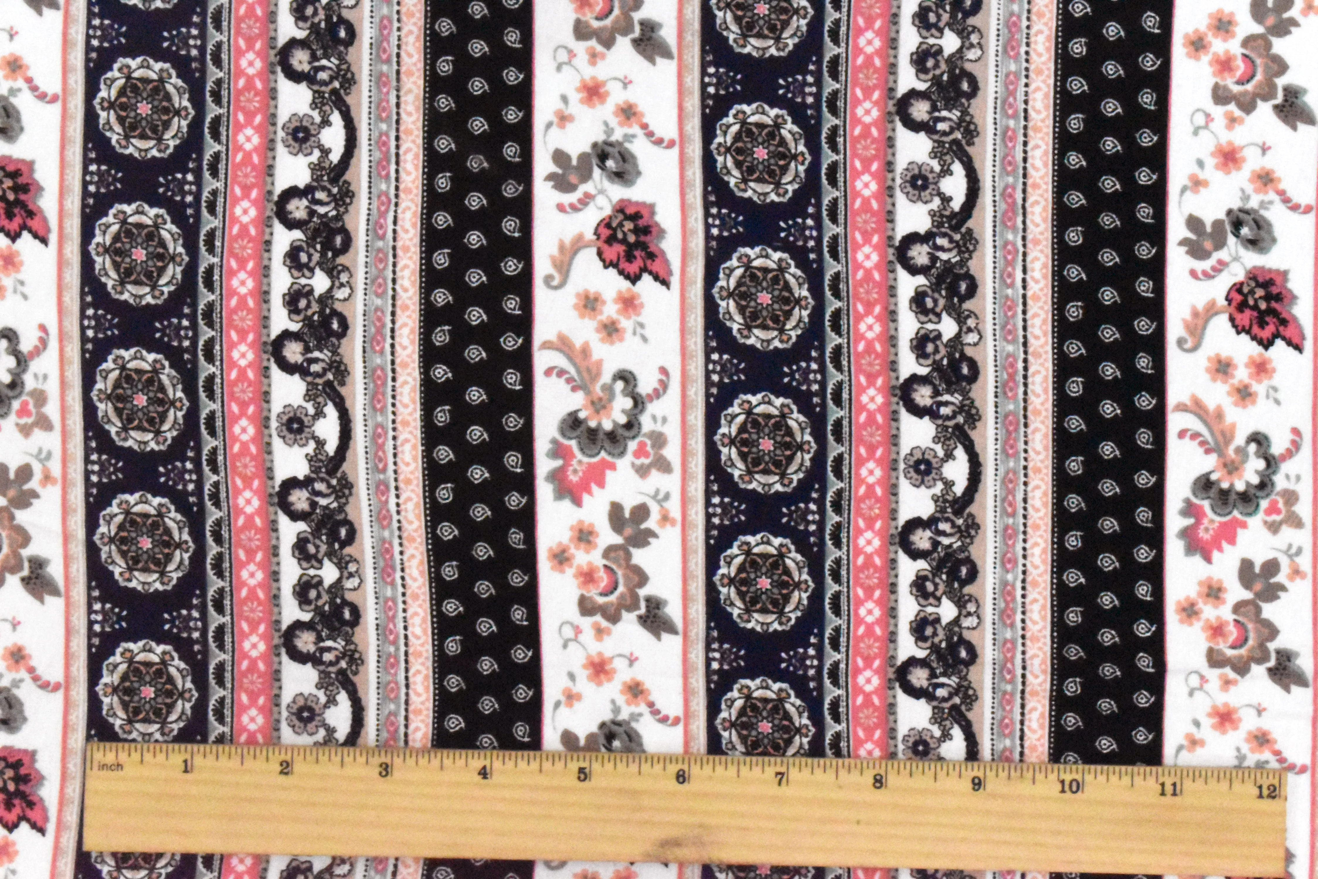 Navy Blue-Ivory-Multi Mix Pattern Printed Rayon Stretch Jersey Knit Fabric