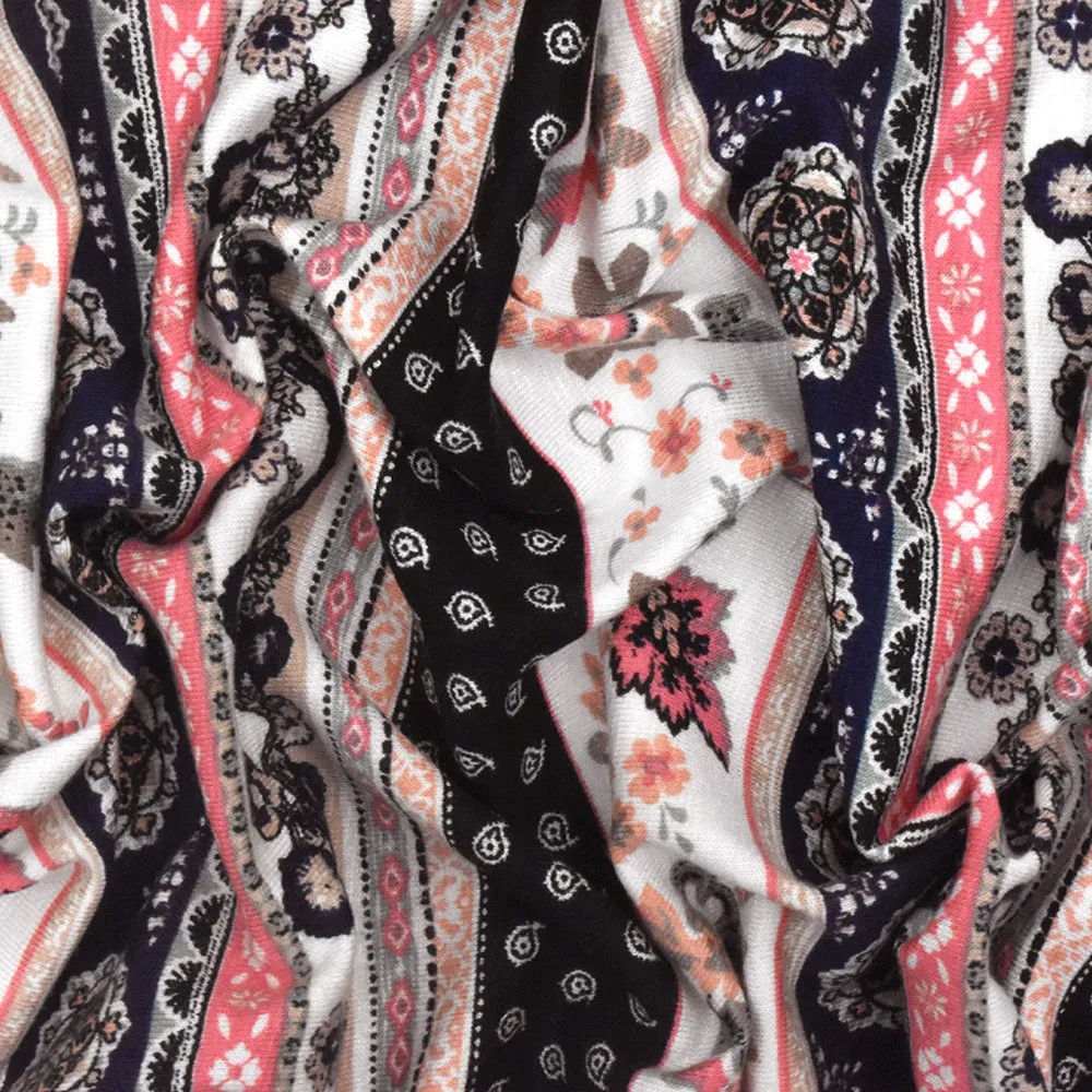 Navy Blue-Ivory-Multi Mix Pattern Printed Rayon Stretch Jersey Knit Fabric