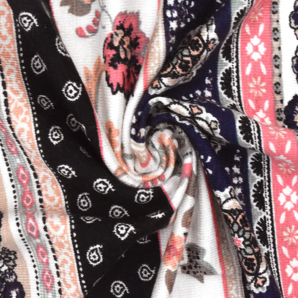 Navy Blue-Ivory-Multi Mix Pattern Printed Rayon Stretch Jersey Knit Fabric