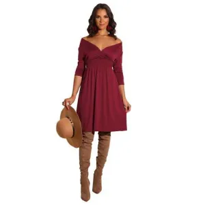 New arrivals Fashion Solid Deep V-neck Dress Wine Red