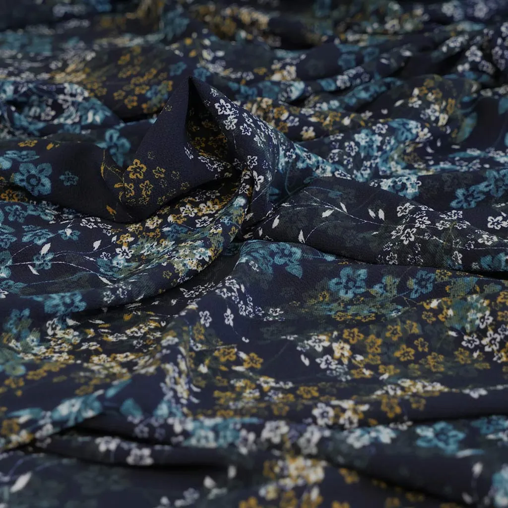 Niva - Navy Sprig Bubble Crepe Woven Fabric Sample
