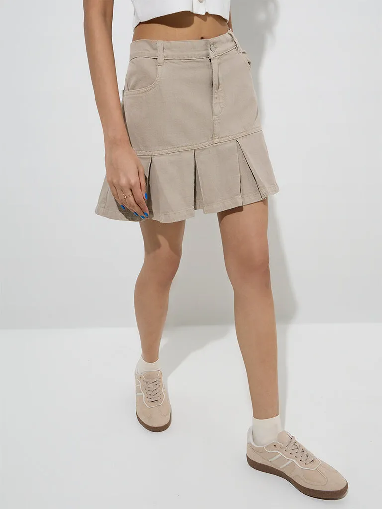 Nuon Beige High-Rise Pleated Denim Skirt