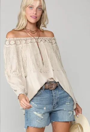 OFF SHOULDER 3/4 SLEEVE TOP WITH CROCHET LACE
