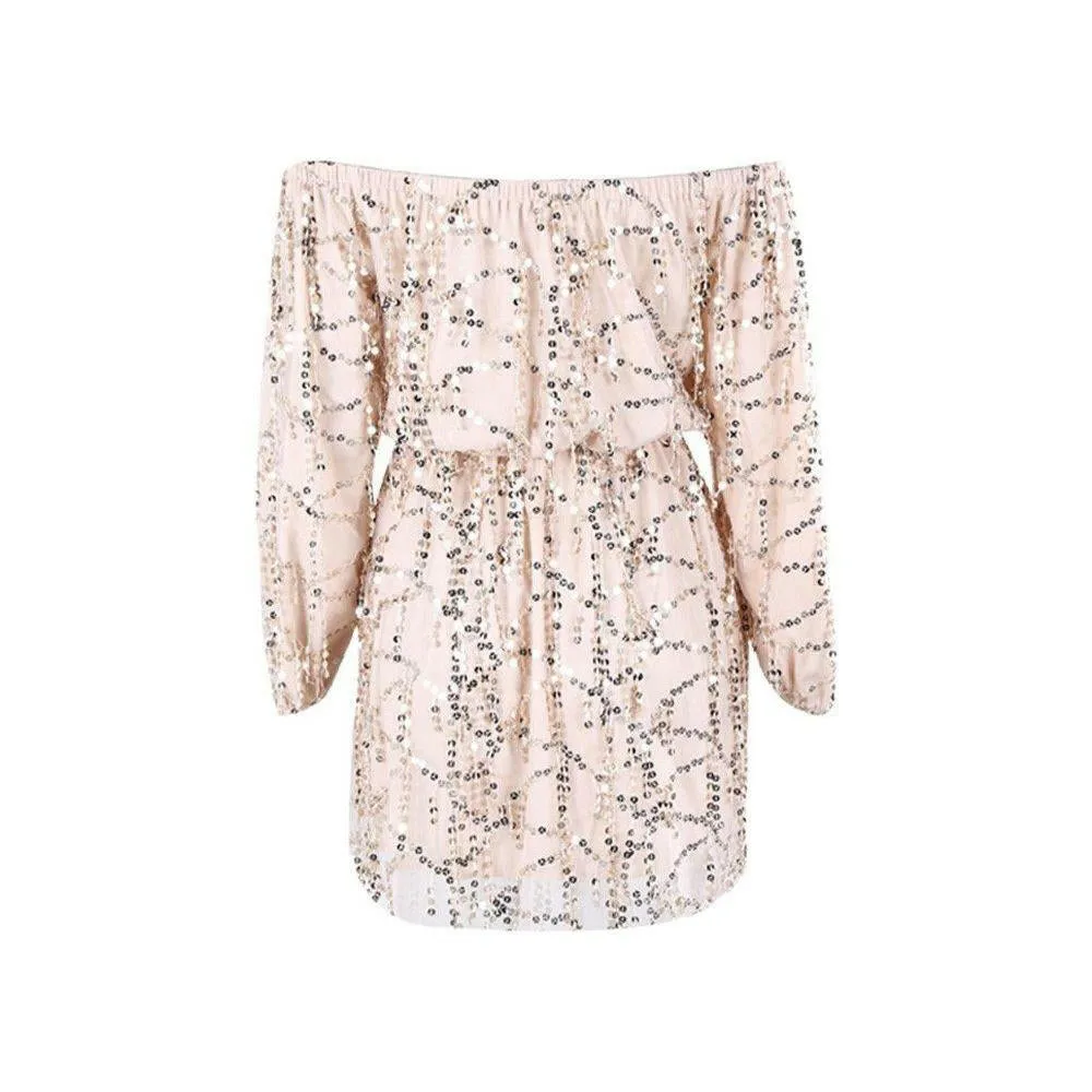 Off Shoulder Beige Sequin Play Suit